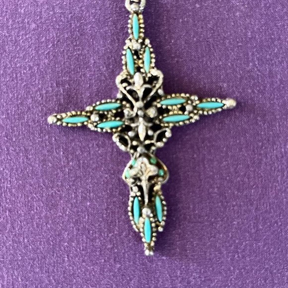 Oxidized Silver-Tone Tourquise-Look Embellishments Cross Necklace - Picture 3 of 5